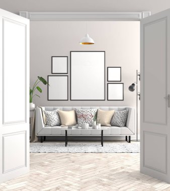 Poster çerçevesi İskandinav tarzı hipster iç alay. 3D çizim.