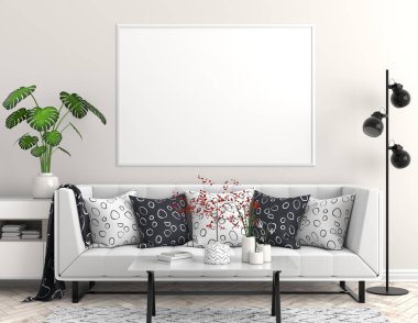 Poster çerçevesi İskandinav tarzı hipster iç alay. 3D çizim.