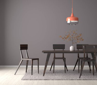 Ahşap masa ve sandalyeler ile geniş yemek odası. 3D çizim