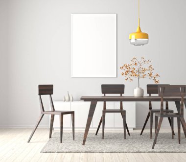 Poster çerçevesi alay etmek yukarıya ile modern yemek odası. 3D çizim.