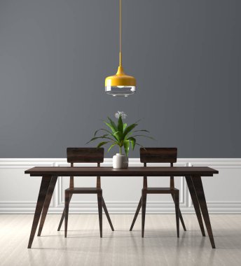 Ahşap masa ve sandalyeler ile geniş yemek odası. 3D çizim