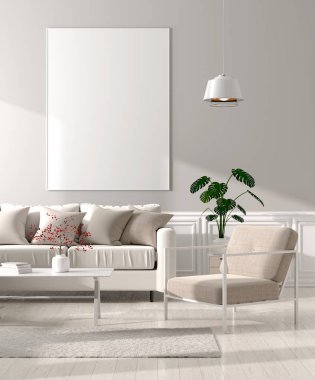 Poster çerçevesi İskandinav tarzı oturma odası iç alay. 3D çizim.