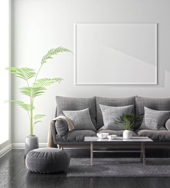 Poster çerçevesi İskandinav tarzı hipster iç alay. 3D çizim.