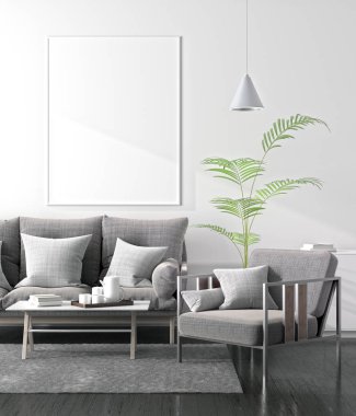 Poster çerçevesi İskandinav tarzı hipster iç alay. 3D çizim.