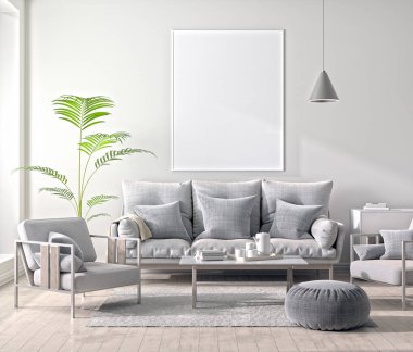 Poster çerçevesi İskandinav tarzı hipster iç alay. 3D çizim.