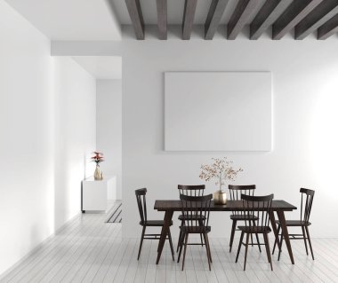 Poster çerçevesi İskandinav tarzı hipster iç alay. Beyaz modern iç. 3D çizim.