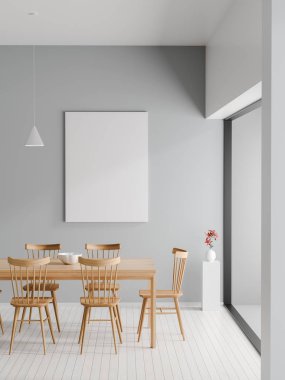 Poster çerçevesi İskandinav tarzı hipster iç alay. Minimalist modern yemek odası. 3D çizim.