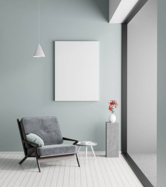 Poster çerçevesi İskandinav tarzı hipster iç alay. Koltuk minimalist modern oda. 3D çizim.