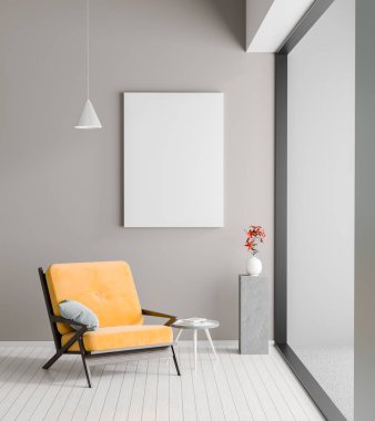 Poster çerçevesi İskandinav tarzı hipster iç alay. Koltuk minimalist modern oda. 3D çizim.