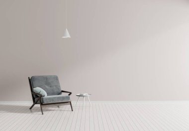  Koltuk minimalist modern oda. İskandinav tarzı iç tasarım. 3D çizim.