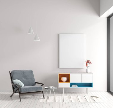 Poster çerçevesi İskandinav tarzı hipster iç alay. Koltuk minimalist modern oda. 3D çizim.