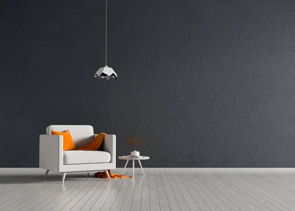  Koltuk minimalist modern oda. İskandinav tarzı iç tasarım. 3D çizim.