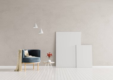 Poster çerçevesi İskandinav tarzı hipster iç alay. Koltuk minimalist iç. 3D çizim.