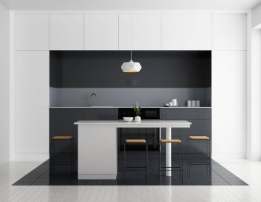 Modern parlak mutfak iç. Minimalist mutfak tasarımı ile bar ve tabureler. 3D çizim.