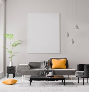 Poster çerçevesi İskandinav tarzı hipster iç alay. Minimalist modern iç mekan tasarımları. 3D çizim.