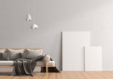 Poster çerçevesi İskandinav tarzı hipster iç alay. Minimalist modern iç mekan tasarımları. 3D çizim.