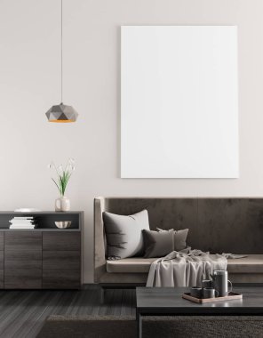 Poster çerçevesi İskandinav tarzı hipster iç alay. Minimalist modern iç mekan tasarımları. 3D çizim.