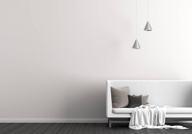 İskandinav tarzı hipster iç boş duvar kadar sahte. Minimalist modern iç mekan tasarımları. 3D çizim.