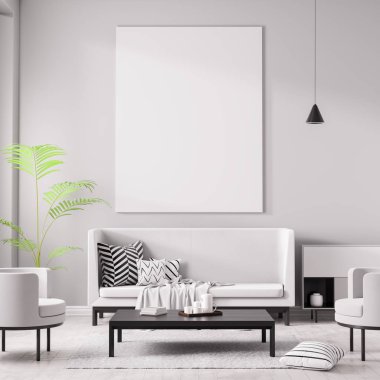 Poster çerçevesi İskandinav tarzı hipster iç alay. Minimalist modern iç mekan tasarımları. 3D çizim.