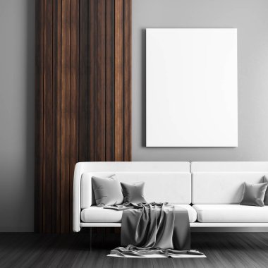 Poster çerçevesi İskandinav tarzı hipster iç alay. Minimalist modern iç mekan tasarımları. 3D çizim.