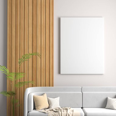 Poster çerçevesi İskandinav tarzı hipster iç alay. Minimalist modern iç mekan tasarımları. 3D çizim.
