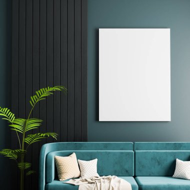 Poster çerçevesi İskandinav tarzı hipster iç alay. Minimalist modern iç mekan tasarımları. 3D çizim.