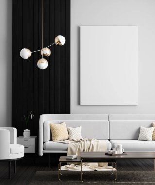 Poster çerçevesi İskandinav tarzı hipster iç alay. Minimalist modern iç mekan tasarımları. 3D çizim.
