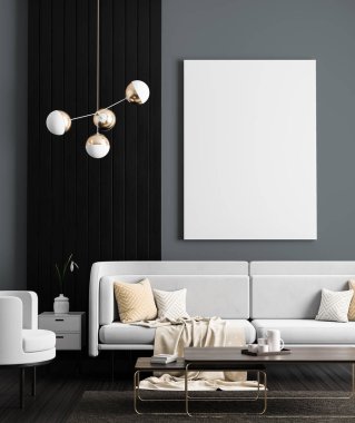 Poster çerçevesi İskandinav tarzı hipster iç alay. Minimalist modern iç mekan tasarımları. 3D çizim.