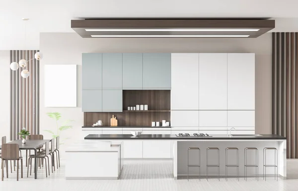 Moderna cocina espaciosa interior con isla. Diseño de cocina con —  Fotos de Stock