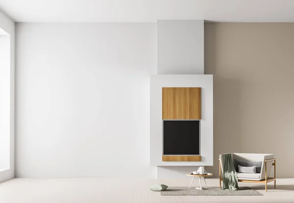 Empty wall mock up in Scandinavian interior with fireplace. Mini