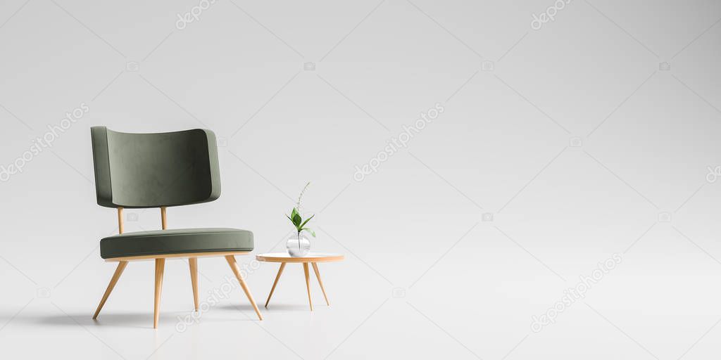 Modern armchair with wooden small coffee table isolated on soft 