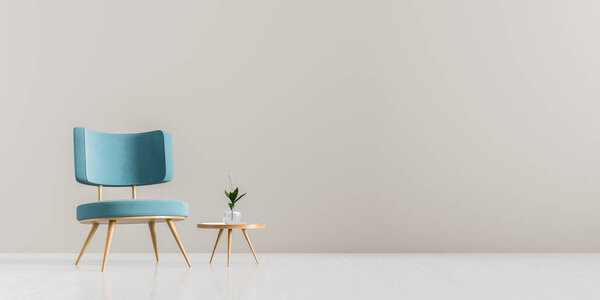 Modern living room with armchair and wooden small coffee table. 