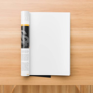 Gerçekçi dergi veya katalog ahşap masa üzerinde alay. Boş mag