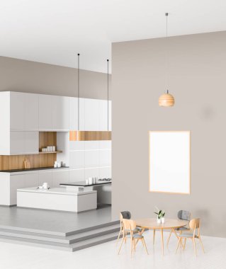 Yemek masası ile geniş modern mutfak tasarımı. 3d illustratio