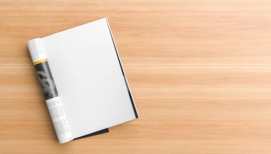 Gerçekçi dergi veya katalog ahşap masa üzerinde alay. Boş mag