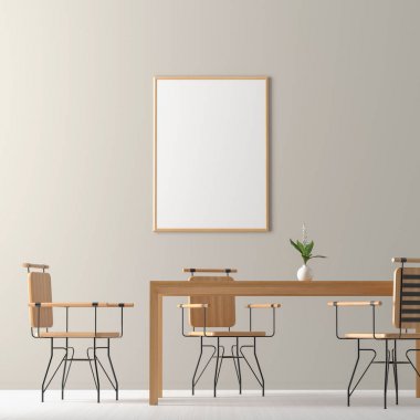 Ahşap sandalyeler ve masa içeren geniş ve modern yemek odası. Damla