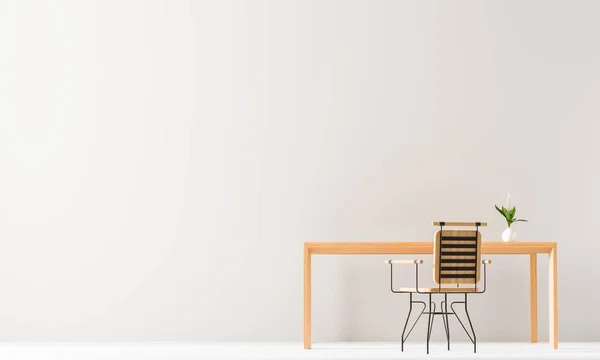 Minimalist workspace design with wooden table and chair. Empty w