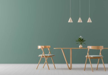 Ahşap sandalyeler ve masa içeren geniş ve modern yemek odası. Damla