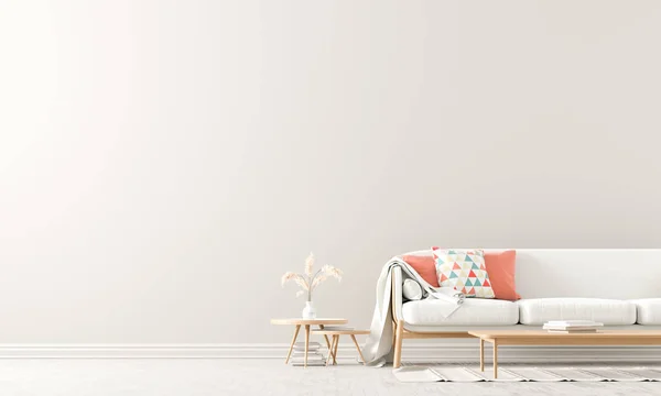 Scandinavian style interior with sofa and coffe table. Empty wal