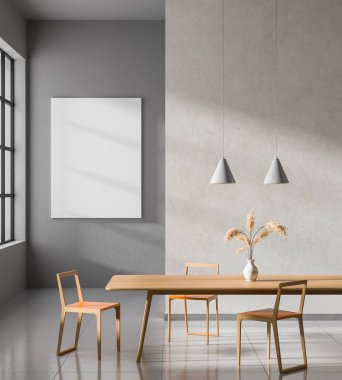 Geniş modern yemek odasında poster çerçevesi ile dalga geç