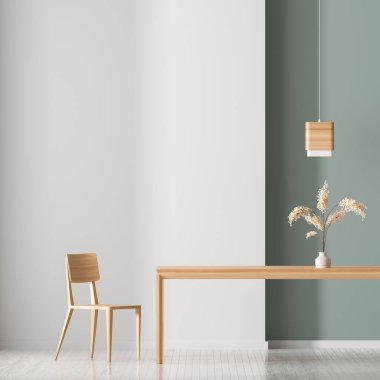 Ahşap sandalye ve masa ile geniş modern yemek odası. 