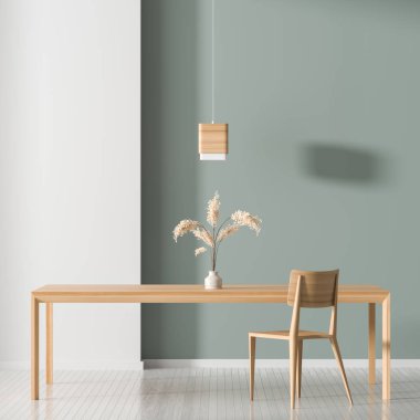 Ahşap sandalye ve masa ile geniş modern yemek odası.
