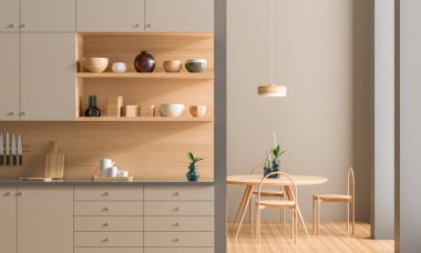 Yemek masası ile İskandinav tarzı modern mutfak. 