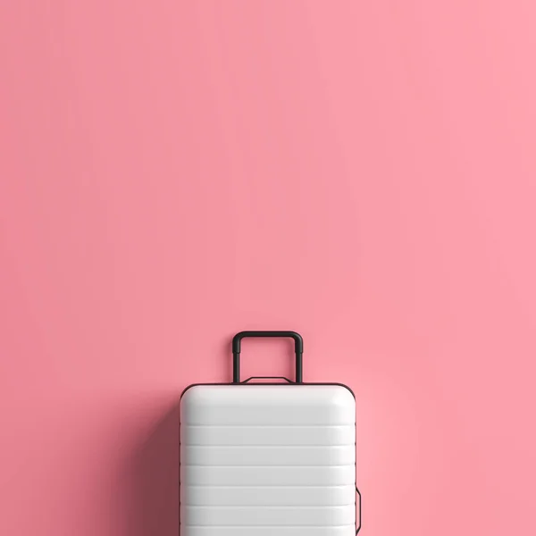 Maleta blanca sobre fondo rosa pastel con espacio para copiar . — Foto de Stock