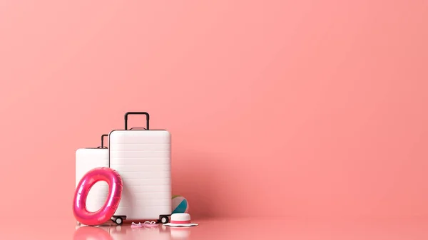 Valigia bianca su sfondo rosa pastello con spazio per la copia . — Foto Stock