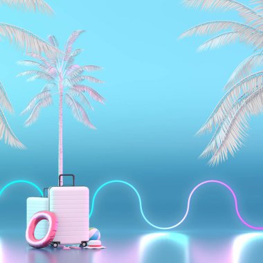 Neon ışıklı arka planda palmiye ağaçları ile beyaz bavul.