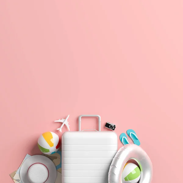Valigia bianca su sfondo rosa pastello con spazio per la copia — Foto Stock