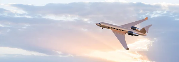 Business class travel concept, luxury private jet at sunset