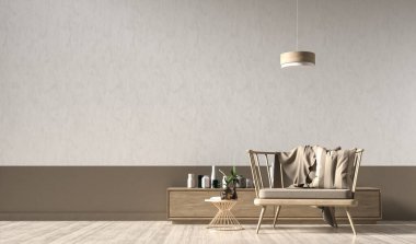 Boş duvar, modern tarzda ahşap koltukla modellenir. Minimalist iç tasarım. 3d illüstrasyon.