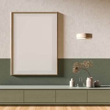 İskandinav tarzında ahşap mobilyalarla süslenmiş poster çerçevesi. Minimalist iç tasarım. 3B illüstrasyon.